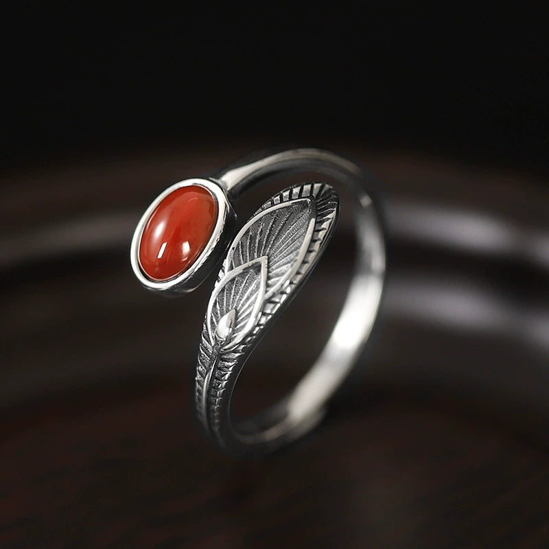 Red Agate Amethyst Turquoise Feather Ring
