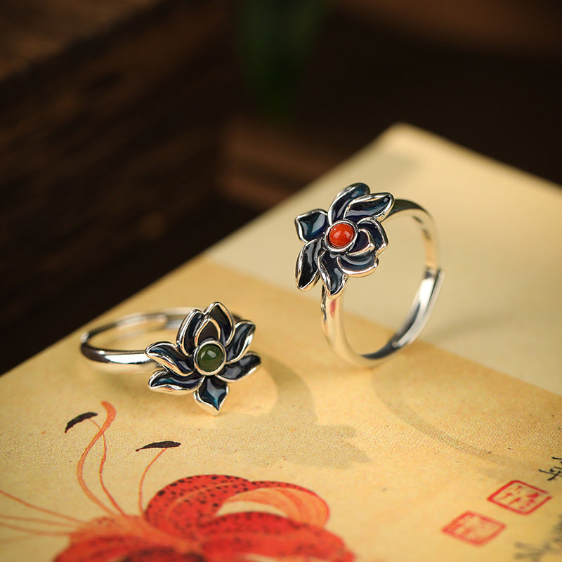 Red Agate Jade Turquoise Silver Protection Ring