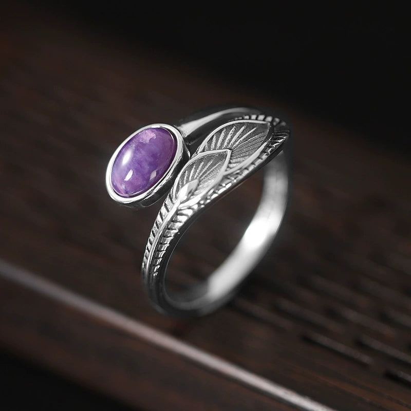 Red Agate Amethyst Turquoise Feather Ring