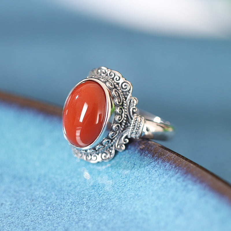 Red Agate Vintage Silver Adjustable Ring