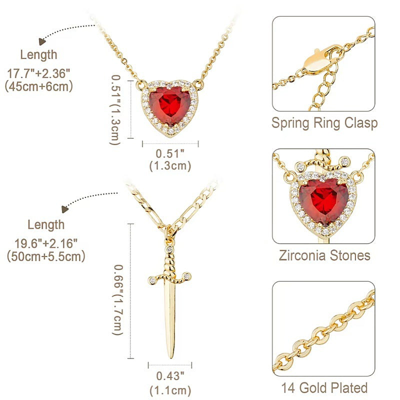 Red Heart Dagger Halo Pendant Plated Necklace