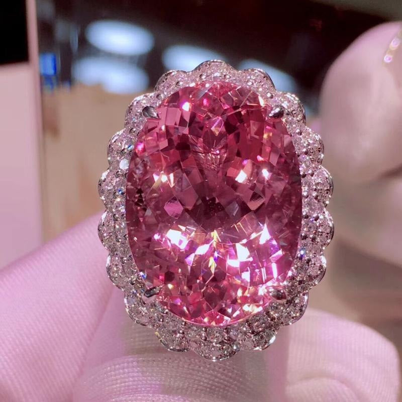 Pink Oval Halo Adjustable Plated Ring