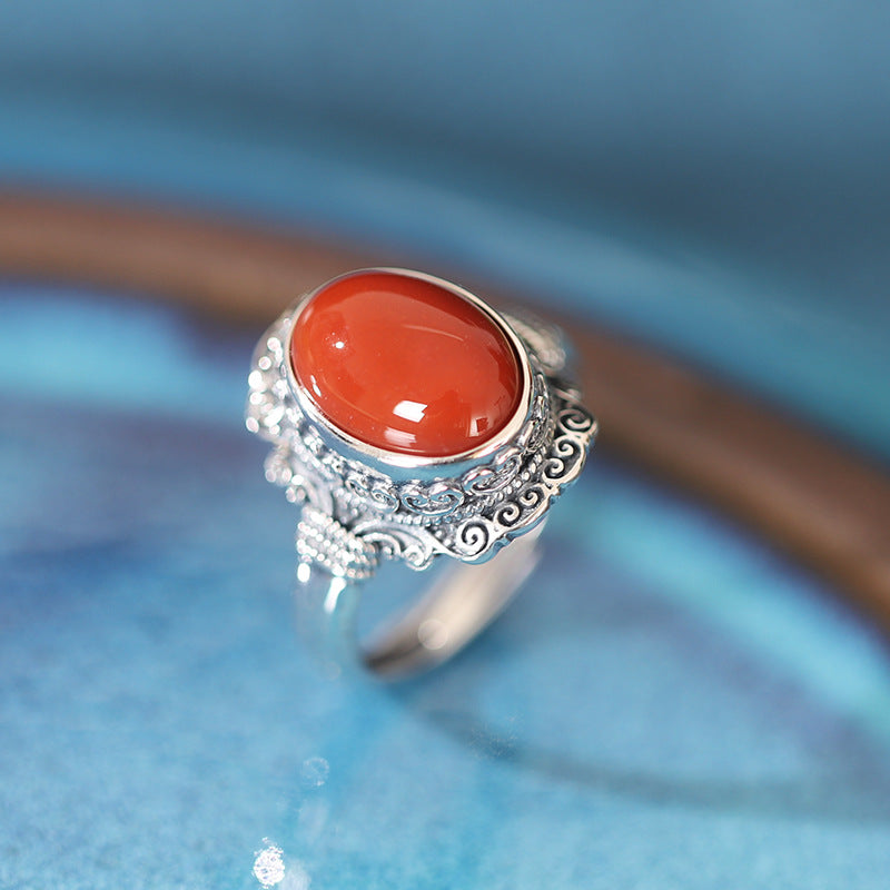 Red Agate Vintage Silver Adjustable Ring