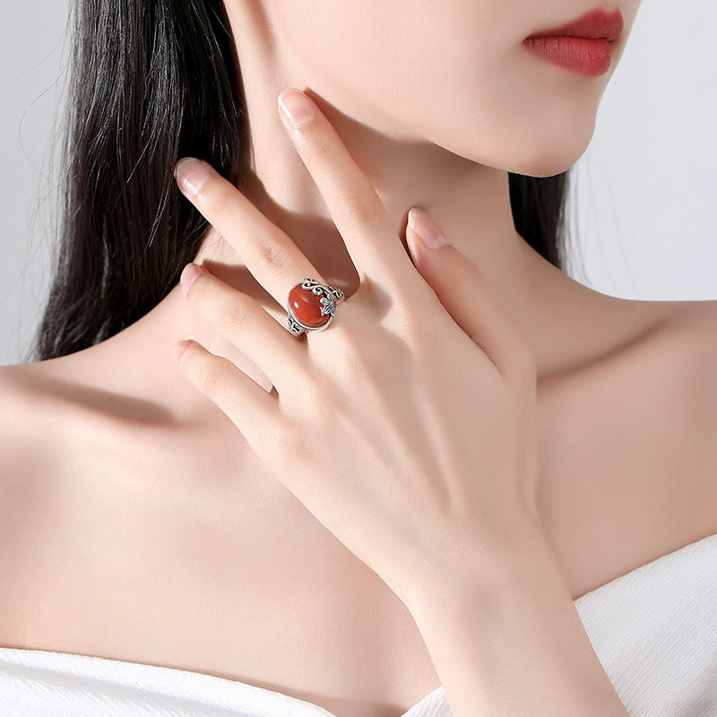 Red Agate Silver Healing Protection Ring