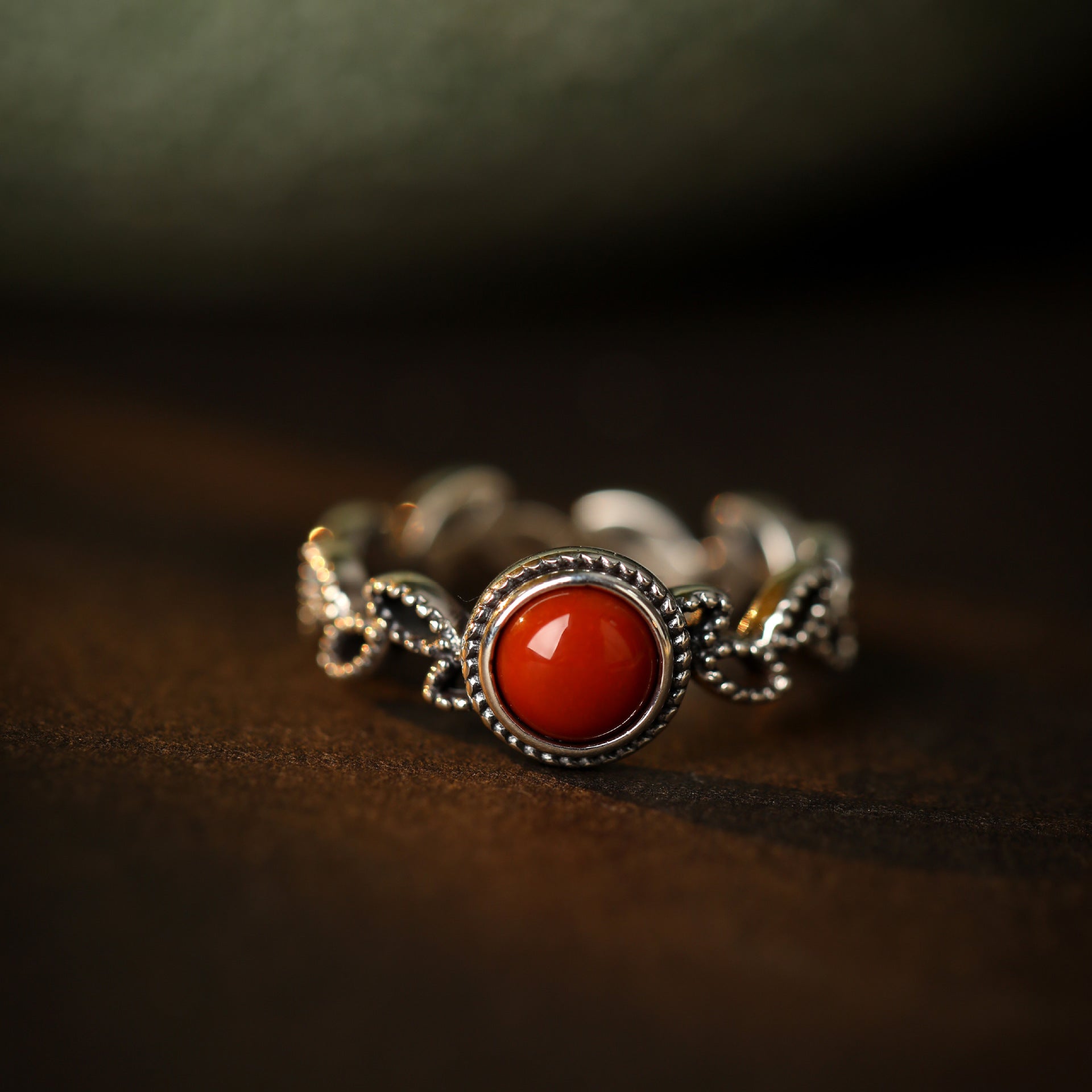 White Jade Red Agate Silver Healing Ring