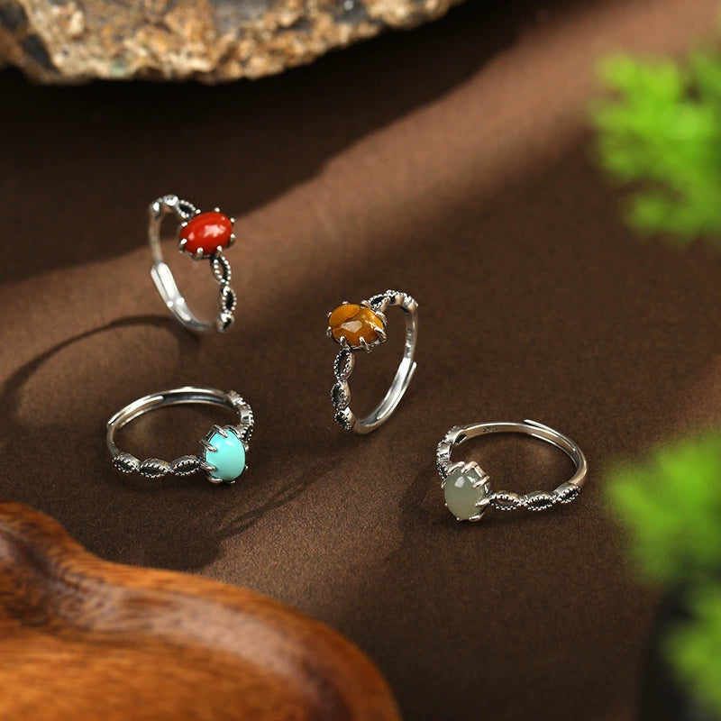 Red Agate Hetian Jade Silver Protection Ring