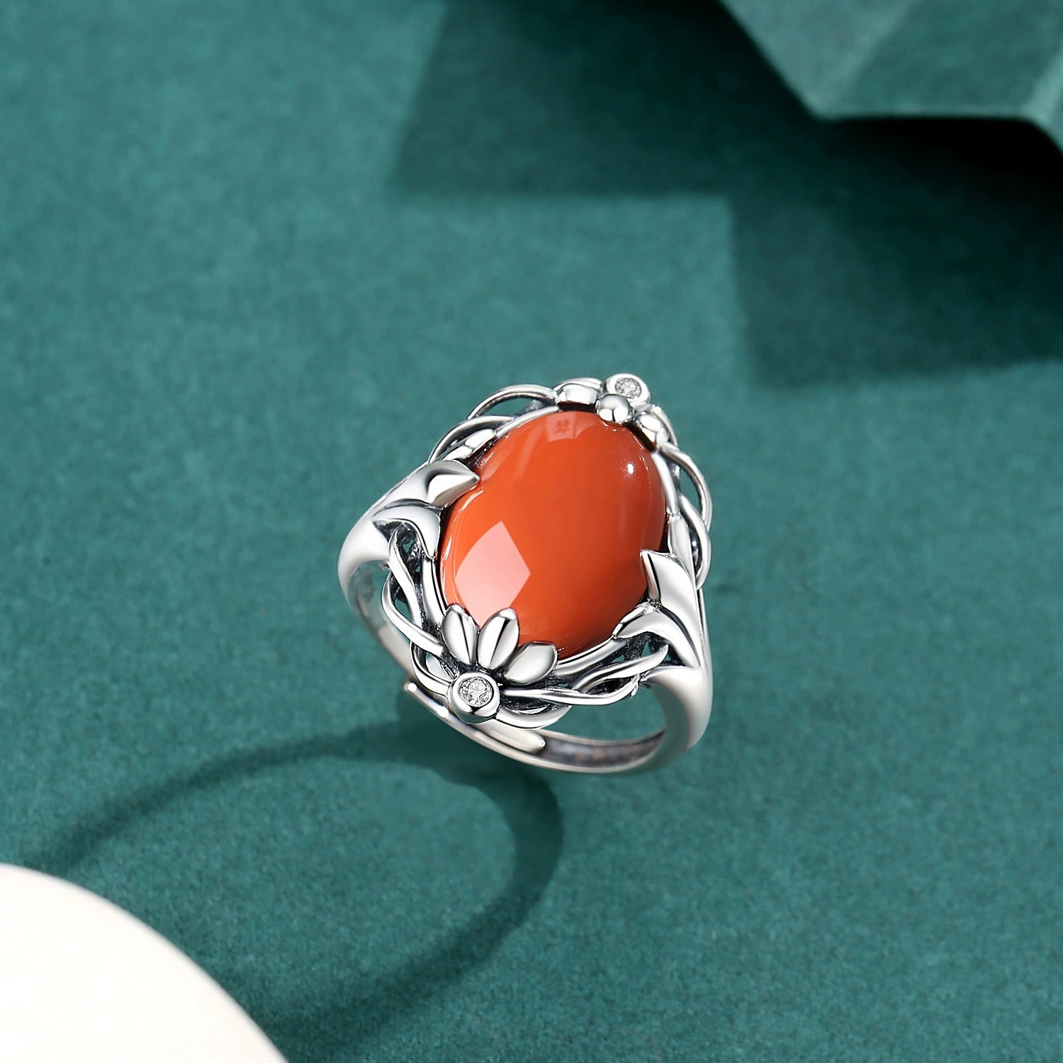 Red Agate Lotus Silver Healing Ring