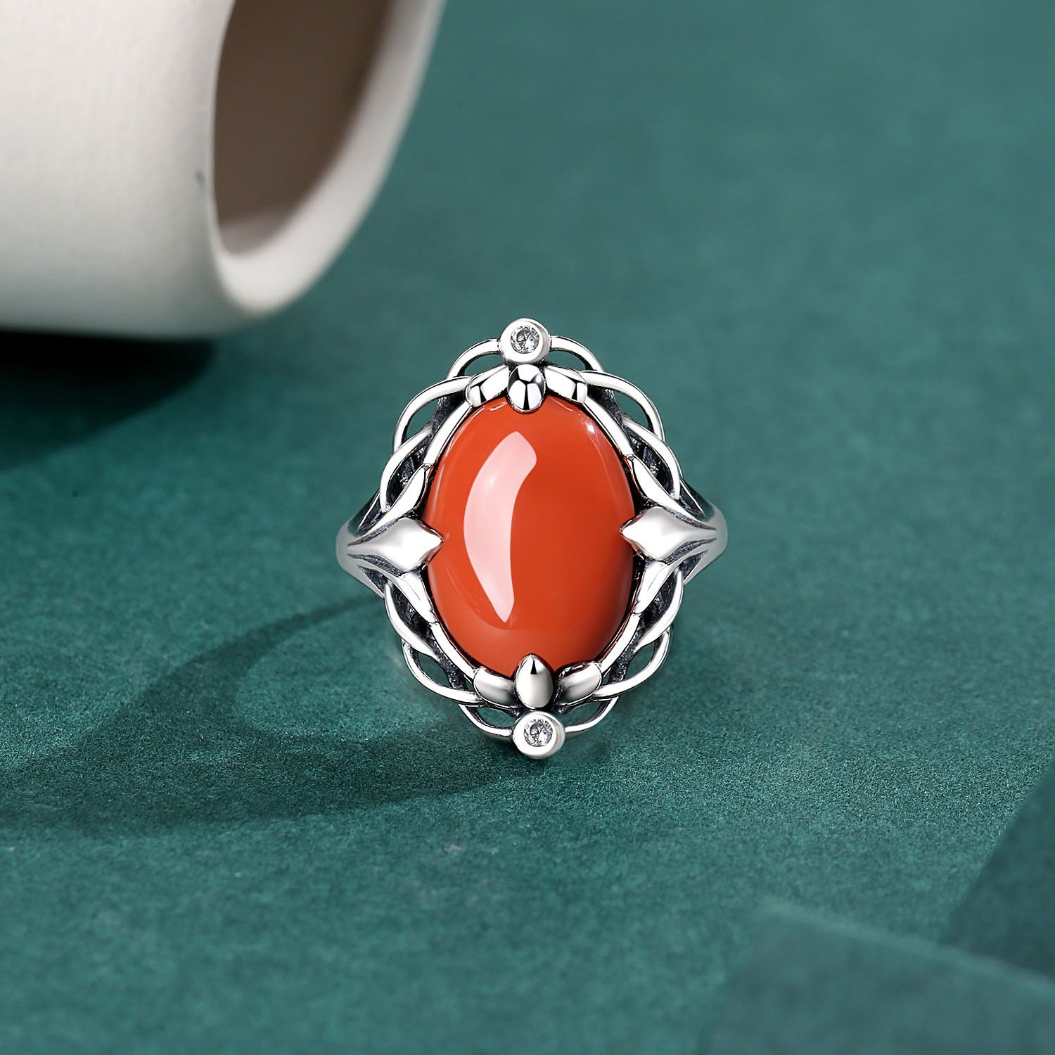 Red Agate Lotus Silver Healing Ring
