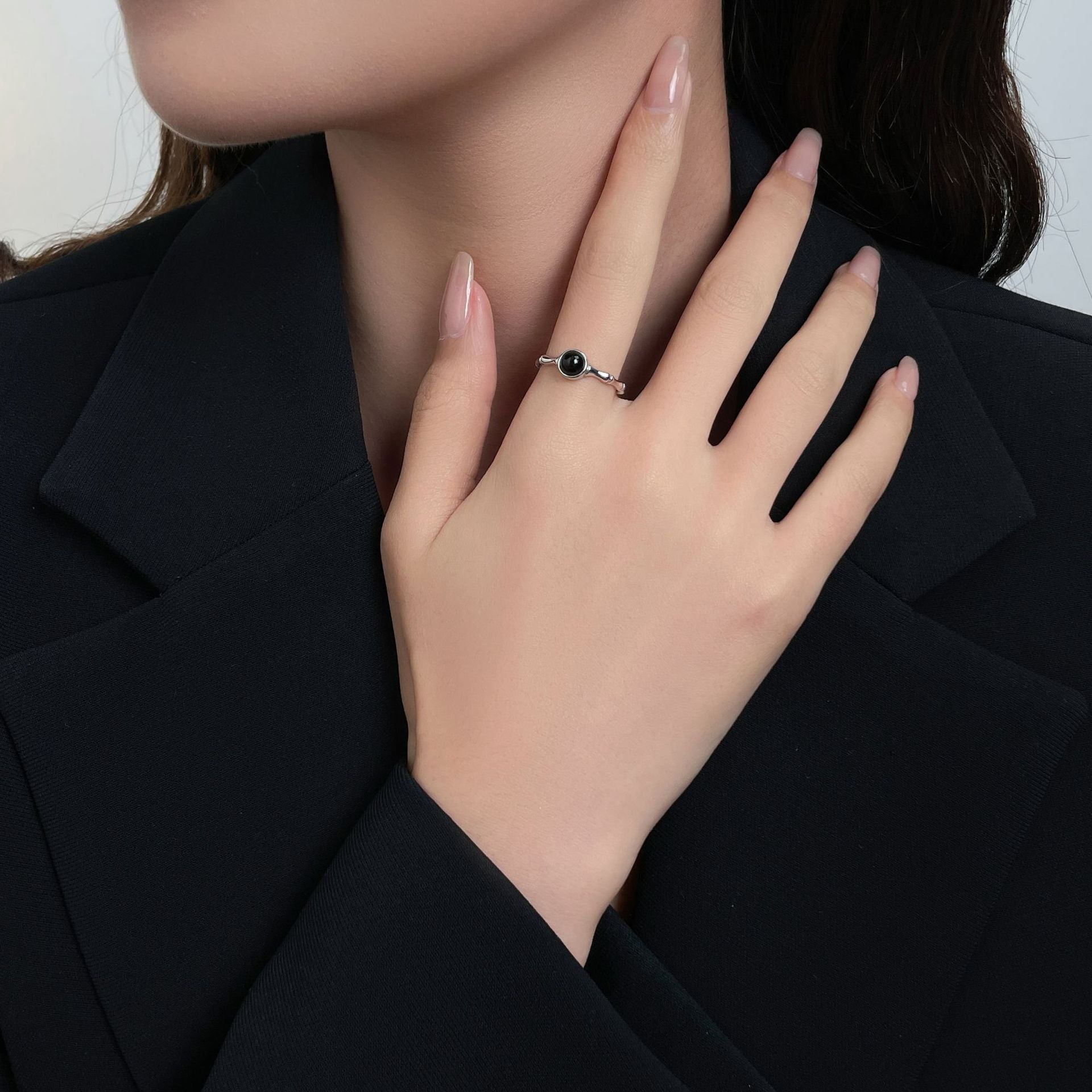 Black Tourmaline Bamboo Silver Balance Ring