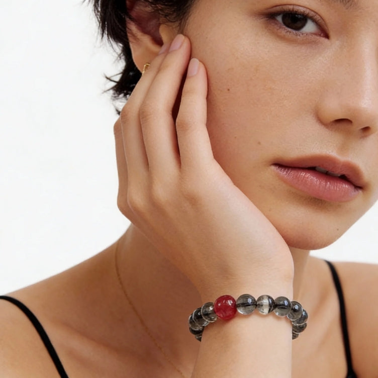 Black Rutilated Quartz Red Agate Protection Bracelet