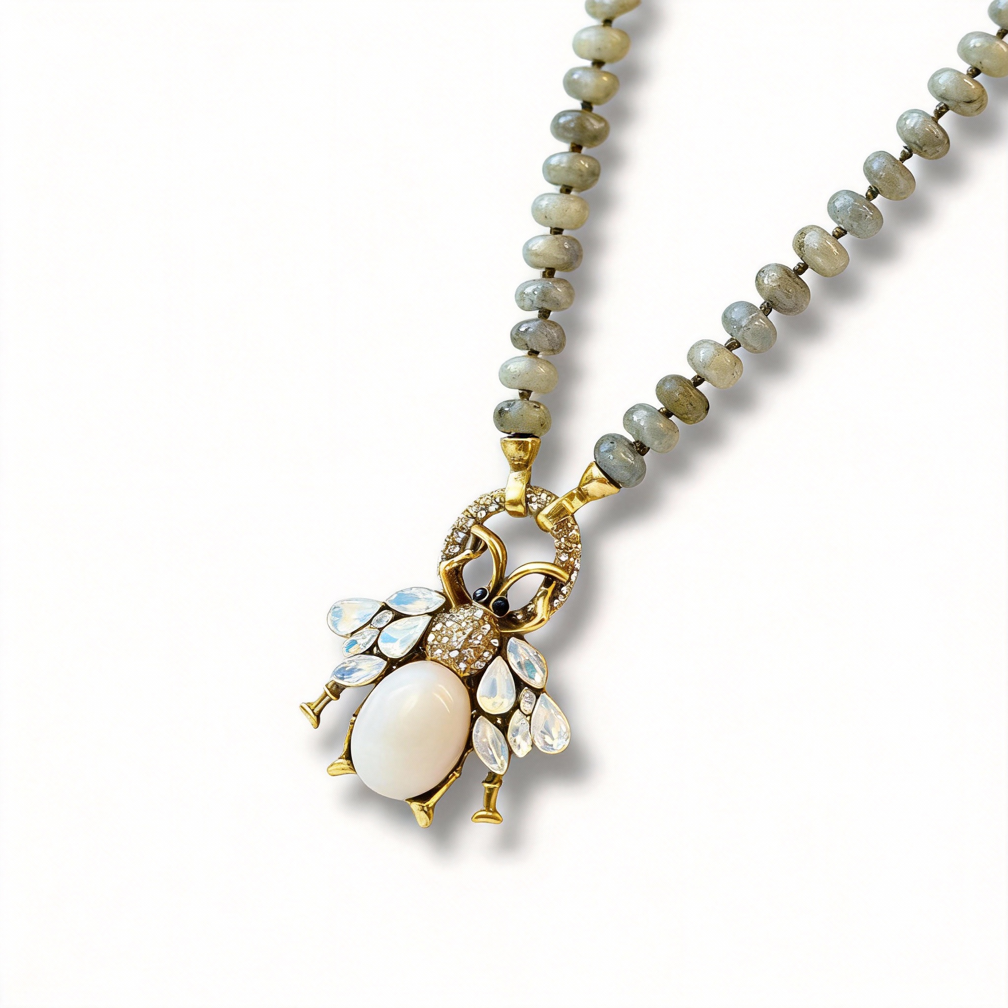 Faceted Grey Bead Strand Vintage Crystal Insect Pendant Necklace