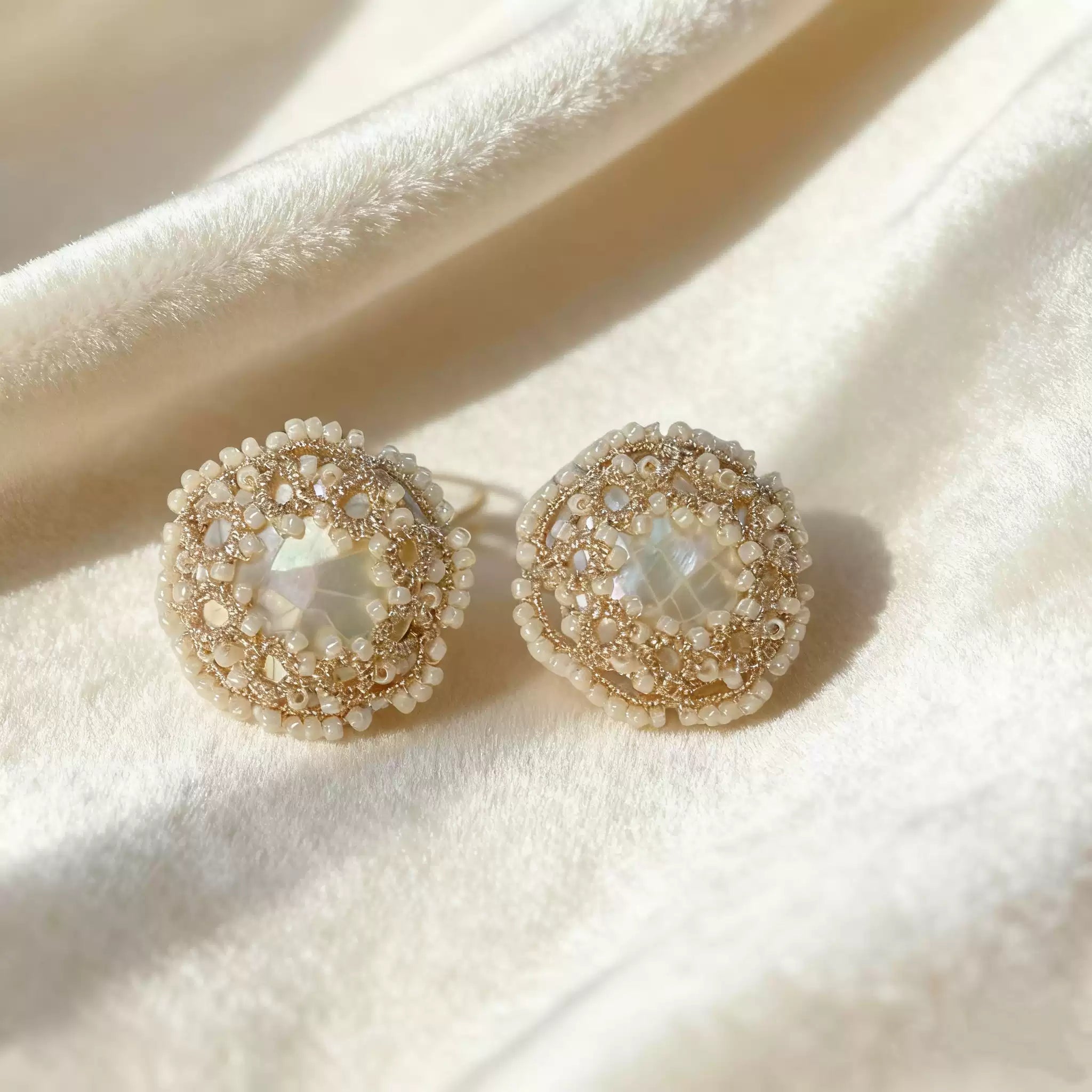 Tatting Lace Pearl Beaded Handmade Vintage White Bridal Earrings