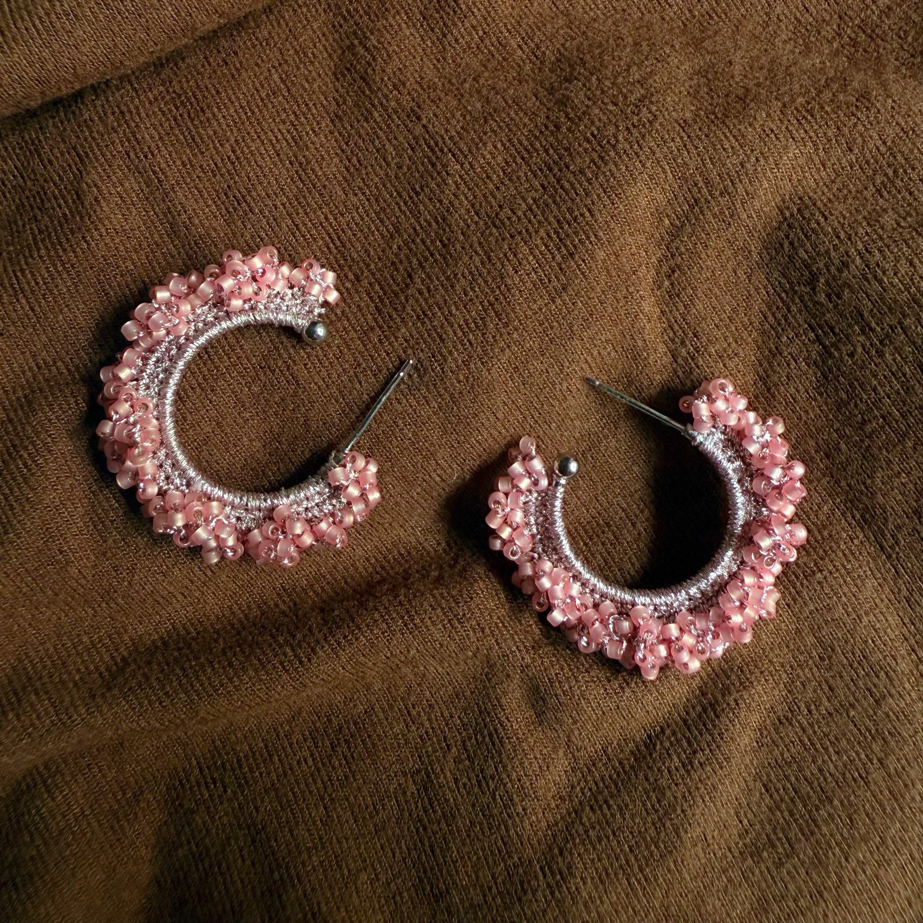 Pink Beaded Wire Wrapped Hoop Handmade Earrings