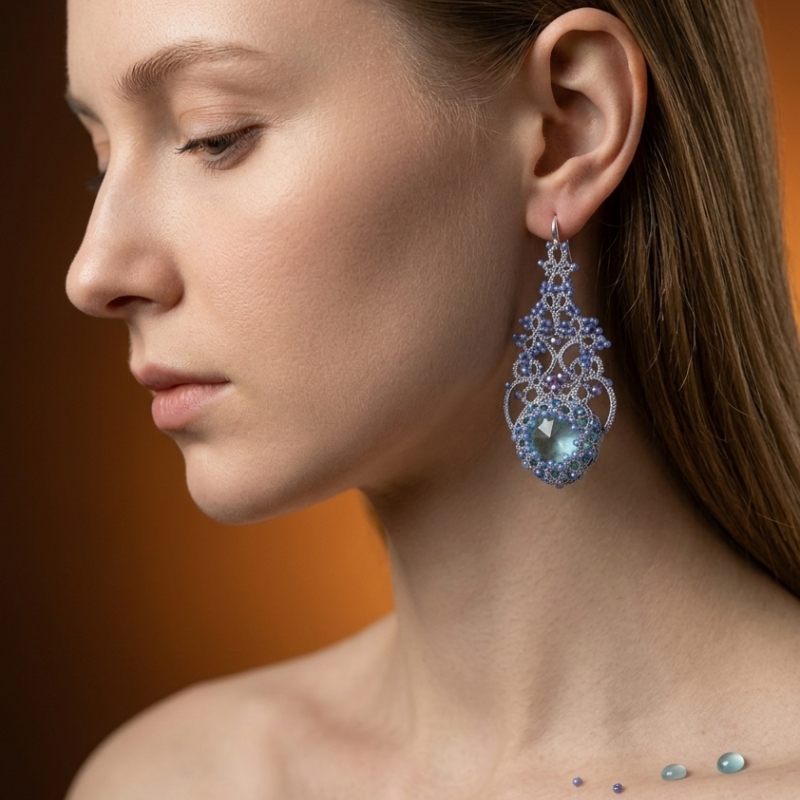 Hand-Tatted Natural Aquamarine Lace Earrings S925 Sterling Silver Elegant Unique Statement Jewelry