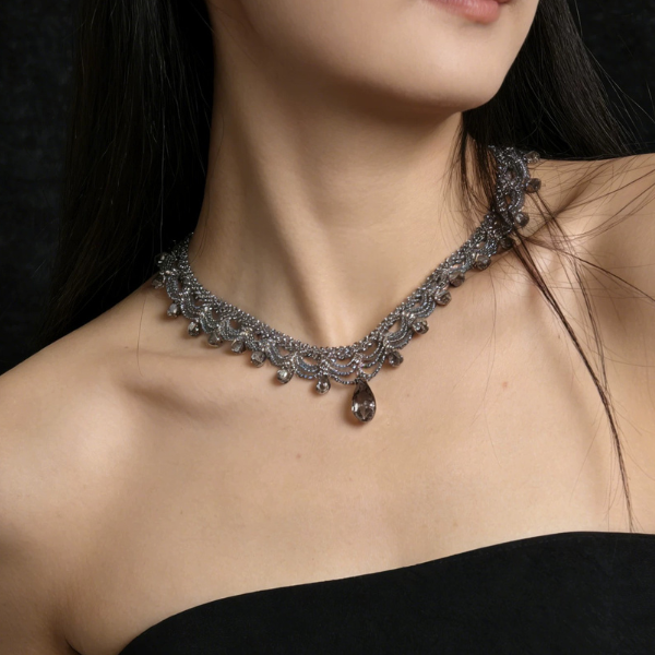 Handwoven Crystal Lace Vintage Beaded Statement Choker Necklace