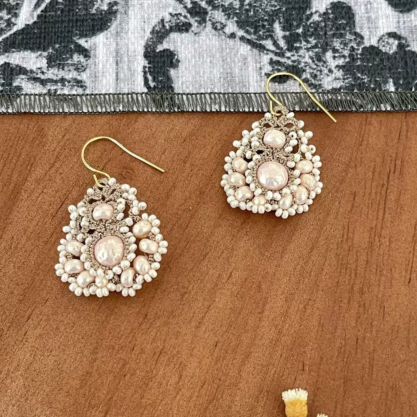 Handmade Lace Tatting Vintage Pearl Beaded Elegant Earrings