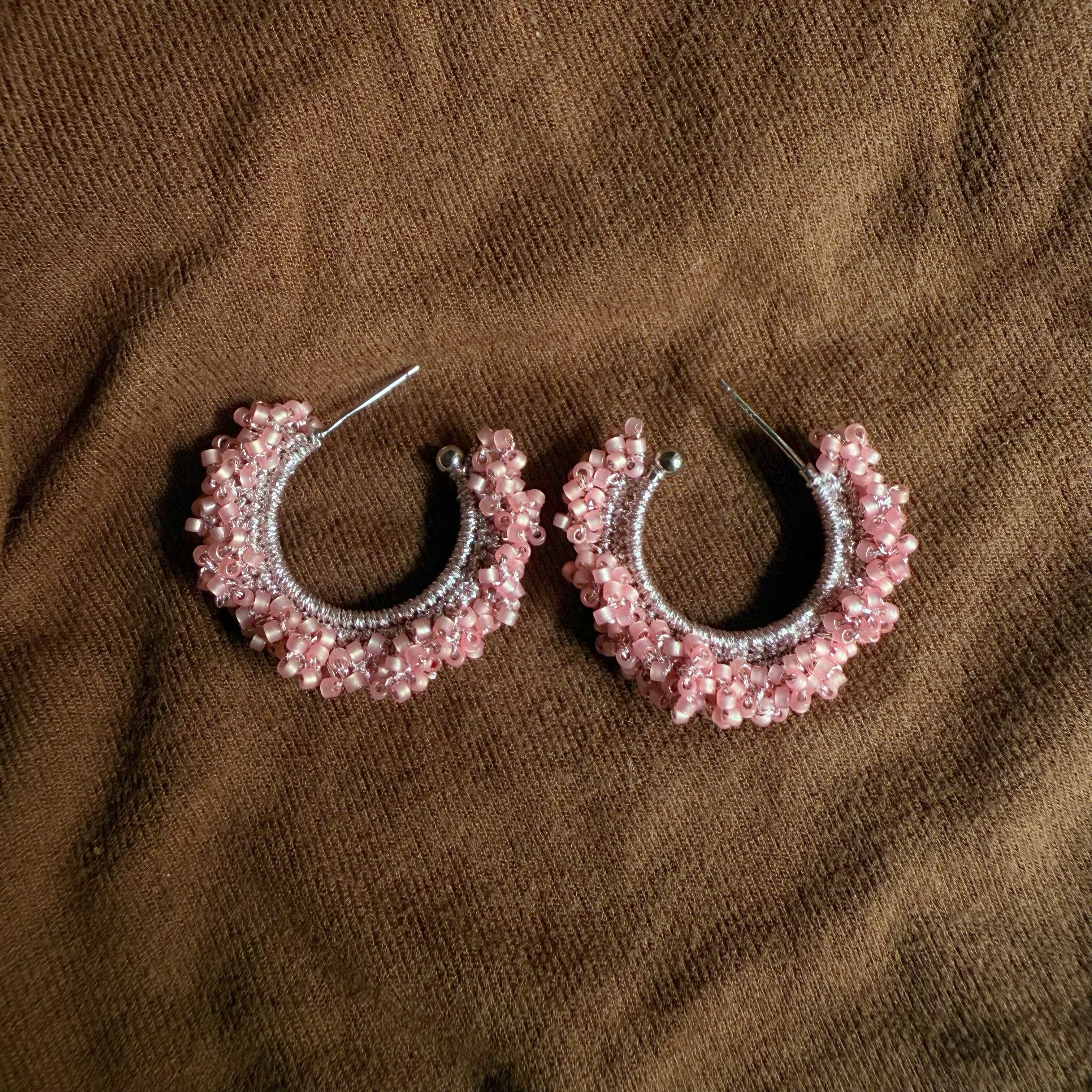 Pink Beaded Wire Wrapped Hoop Handmade Earrings