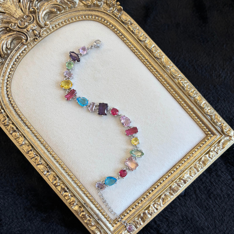 Rainbow Cubic Zirconia S925 Sterling Silver Tennis Bracelet Adjustable Dainty Colorful Jewelry