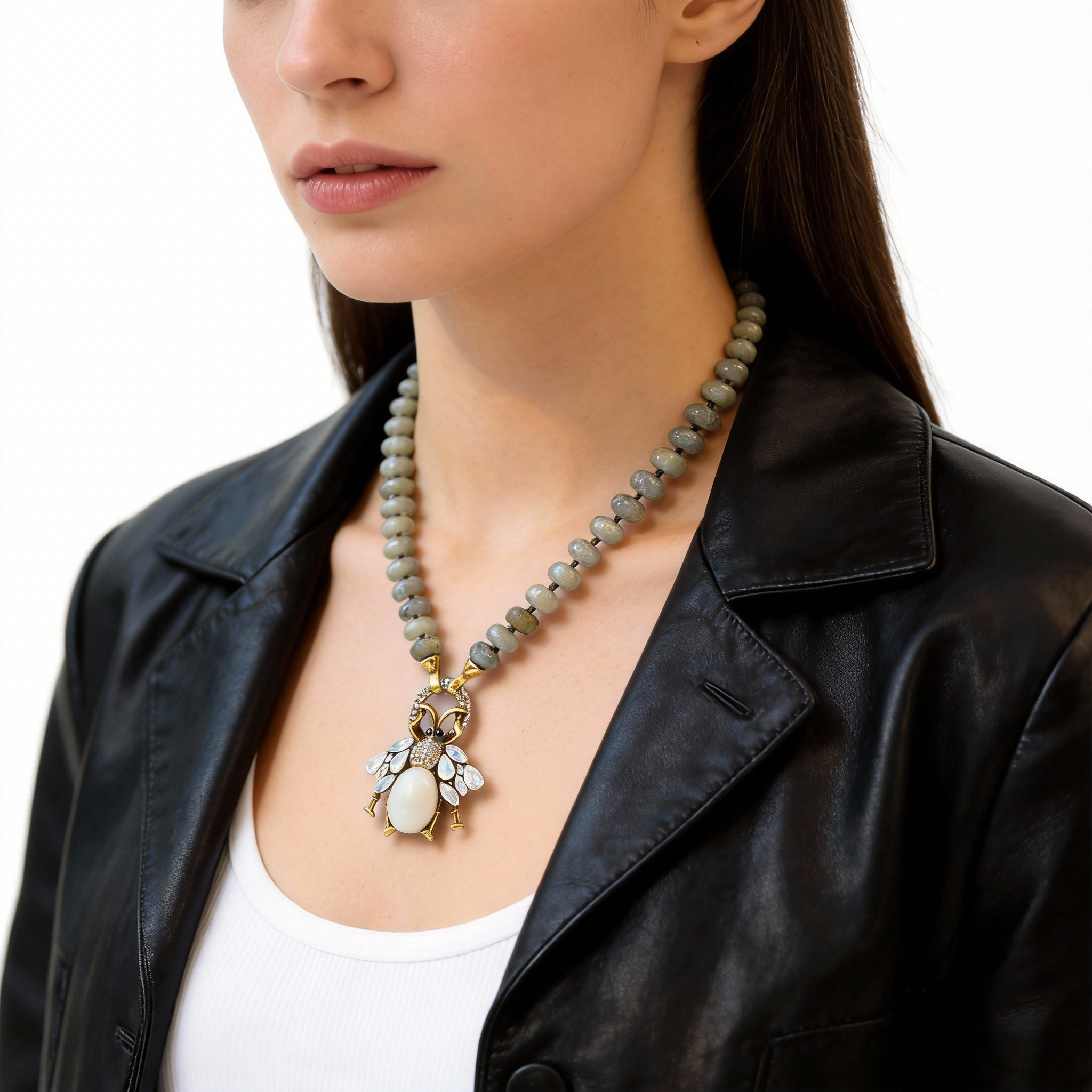 Faceted Grey Bead Strand Vintage Crystal Insect Pendant Necklace