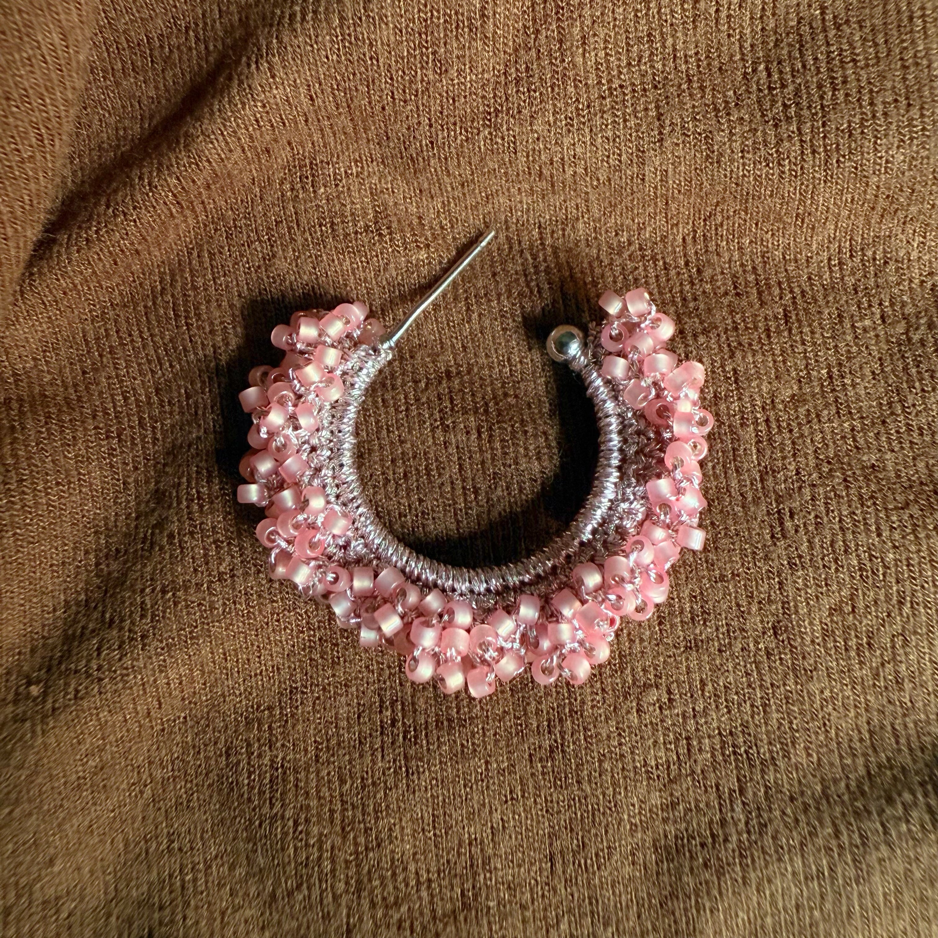 Pink Beaded Wire Wrapped Hoop Handmade Earrings