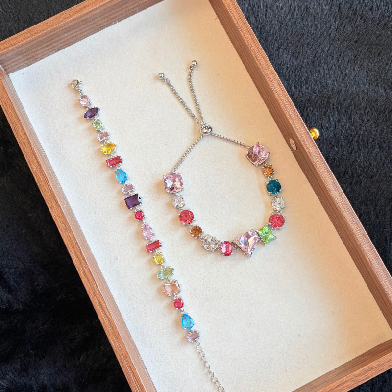 Rainbow Cubic Zirconia S925 Sterling Silver Tennis Bracelet Adjustable Dainty Colorful Jewelry