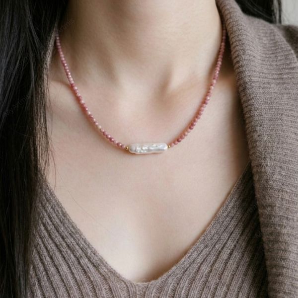 Elegant Natural Pink Stone Beaded Necklace, Baroque Pearl Charm Choker,