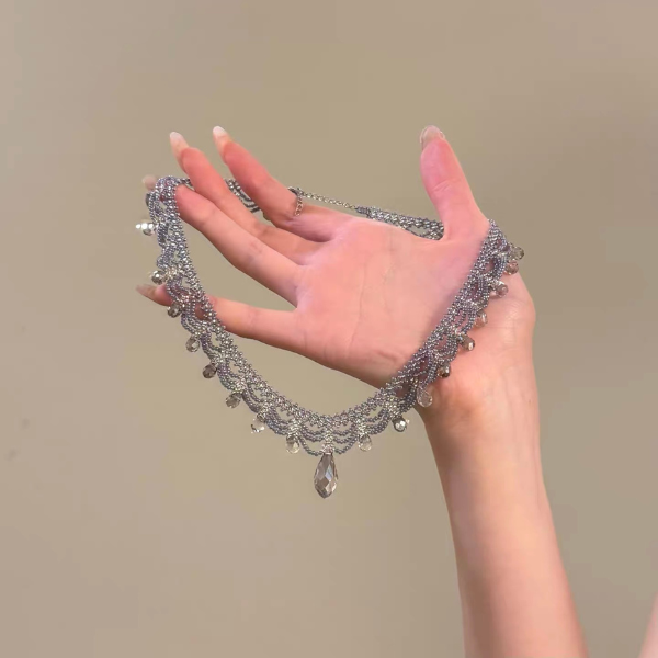 Handwoven Crystal Lace Vintage Beaded Statement Choker Necklace