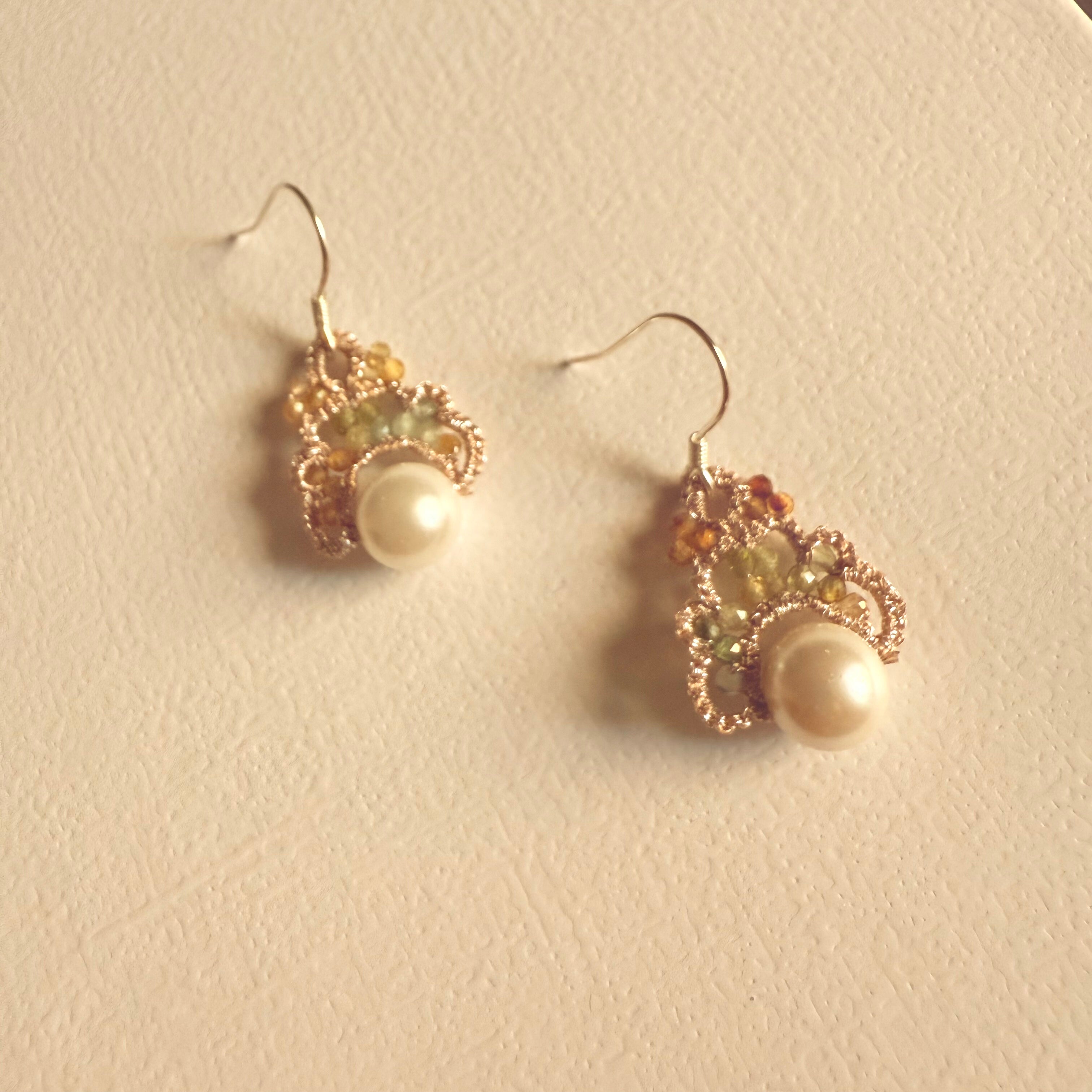 Handmade Lace Tatting Pearl Beaded Pastel Crystal Vintage Earrings