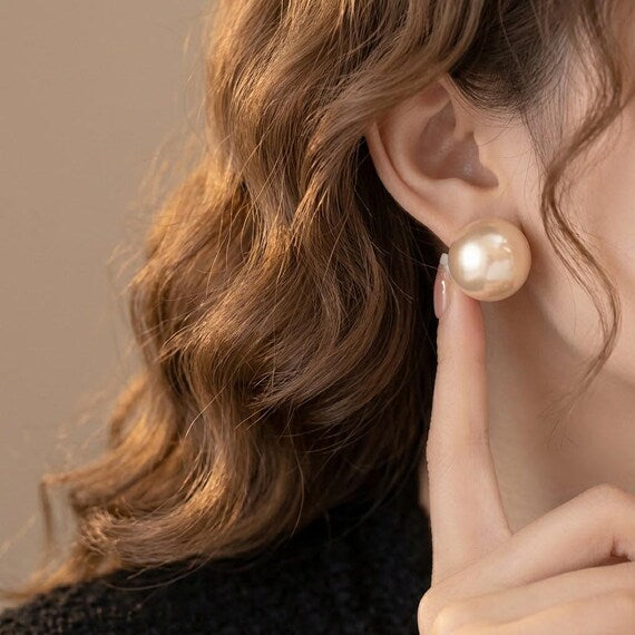 Big Pearl Stud Earrings, Chunky Statement Faux Pearl Earrings, 925 Silver Post Bridal Wedding Jewelry, Elegant Prom Gift for Her