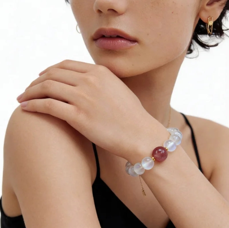 Moonstone Strawberry Quartz Healing Balance Energy Bracelet