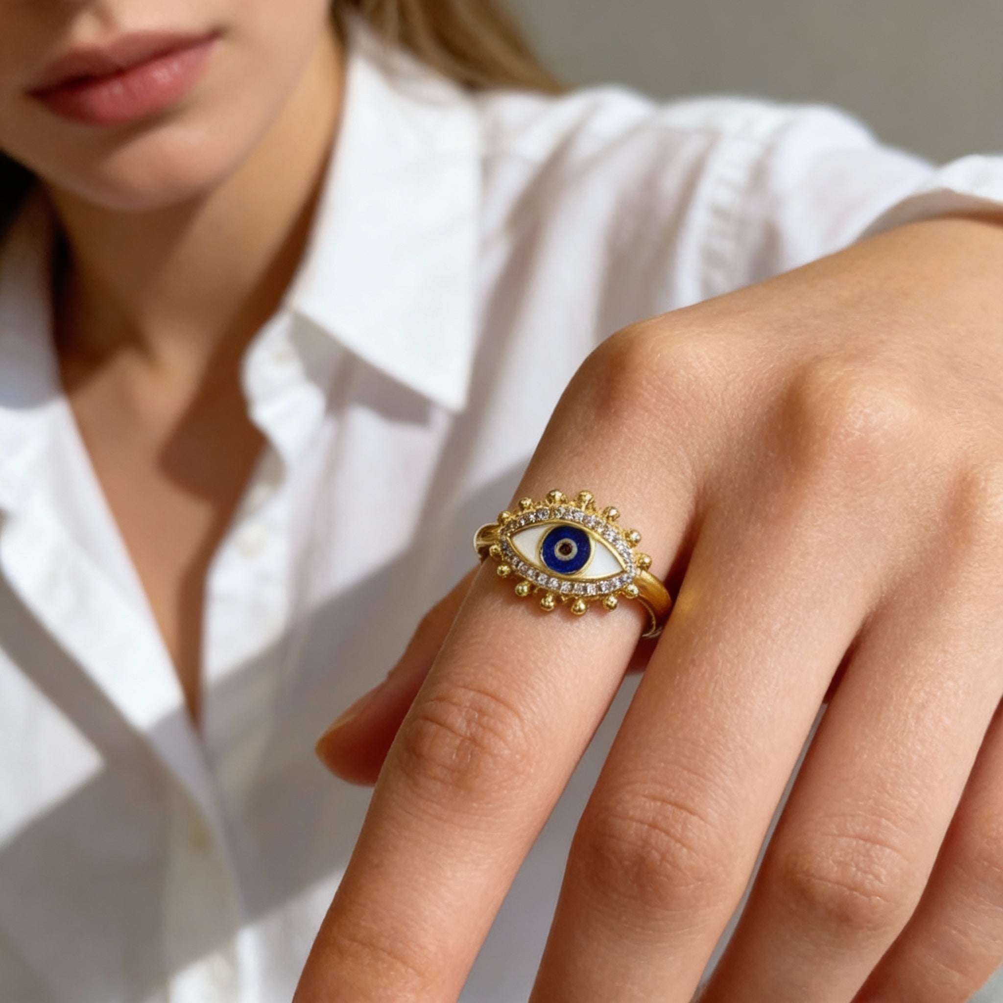 Deep Blue Evil Eye Protection Crystal Ring