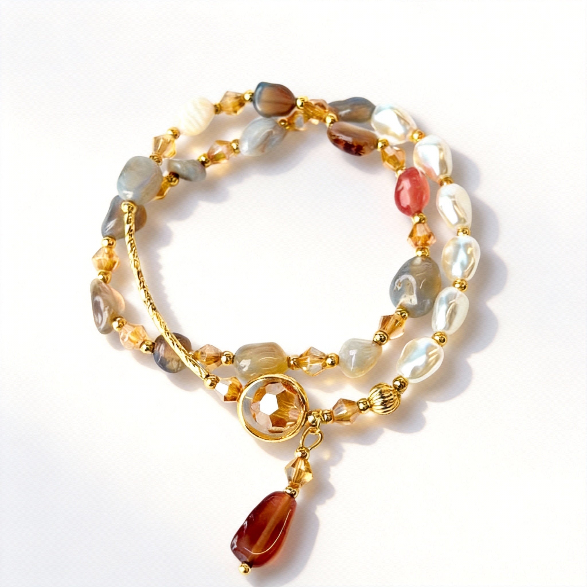 Pearl Agate Gold Beaded Wrap Design Handmade Bracelet