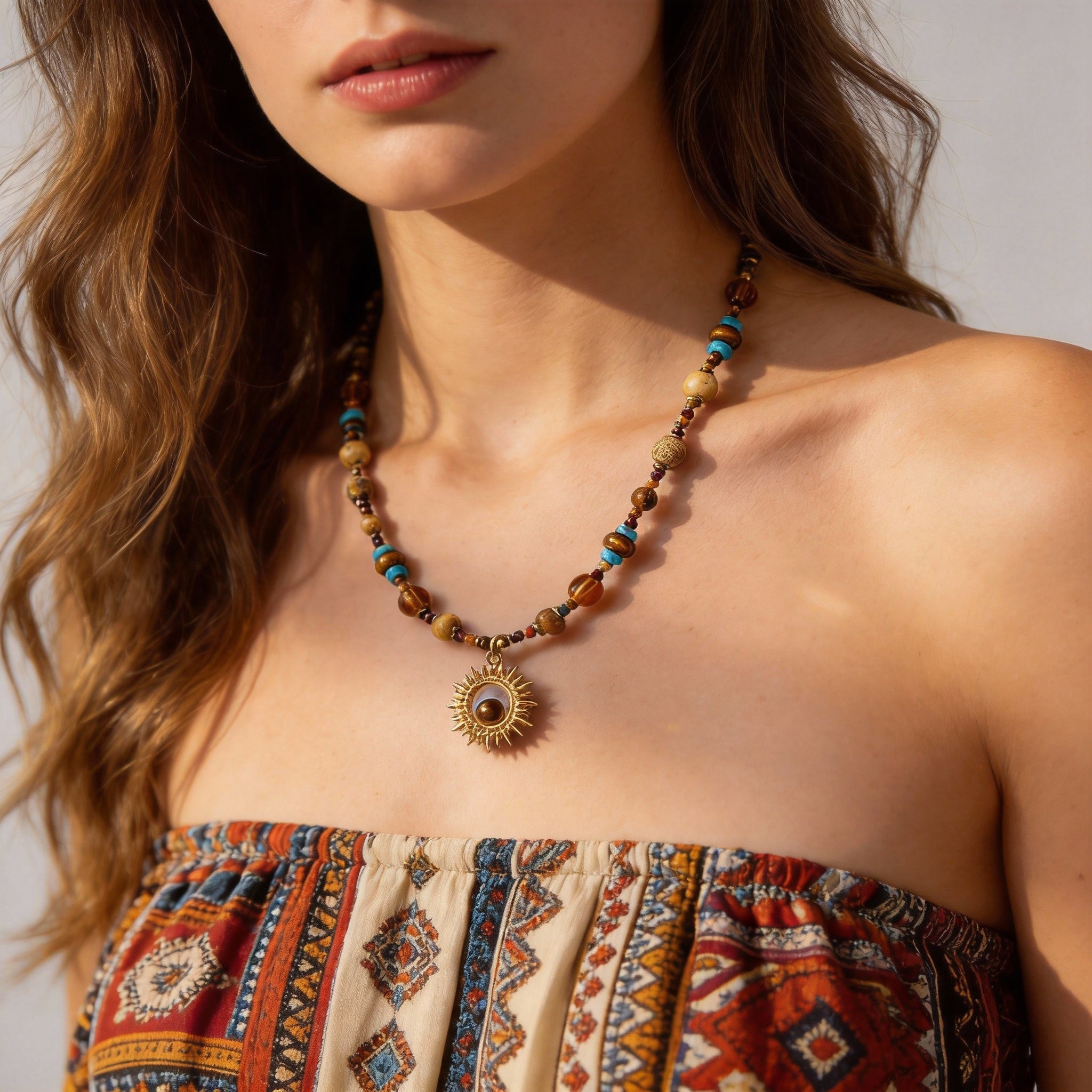 Boho Mixed Bead Sunburst Pendant Artisan Design Necklace