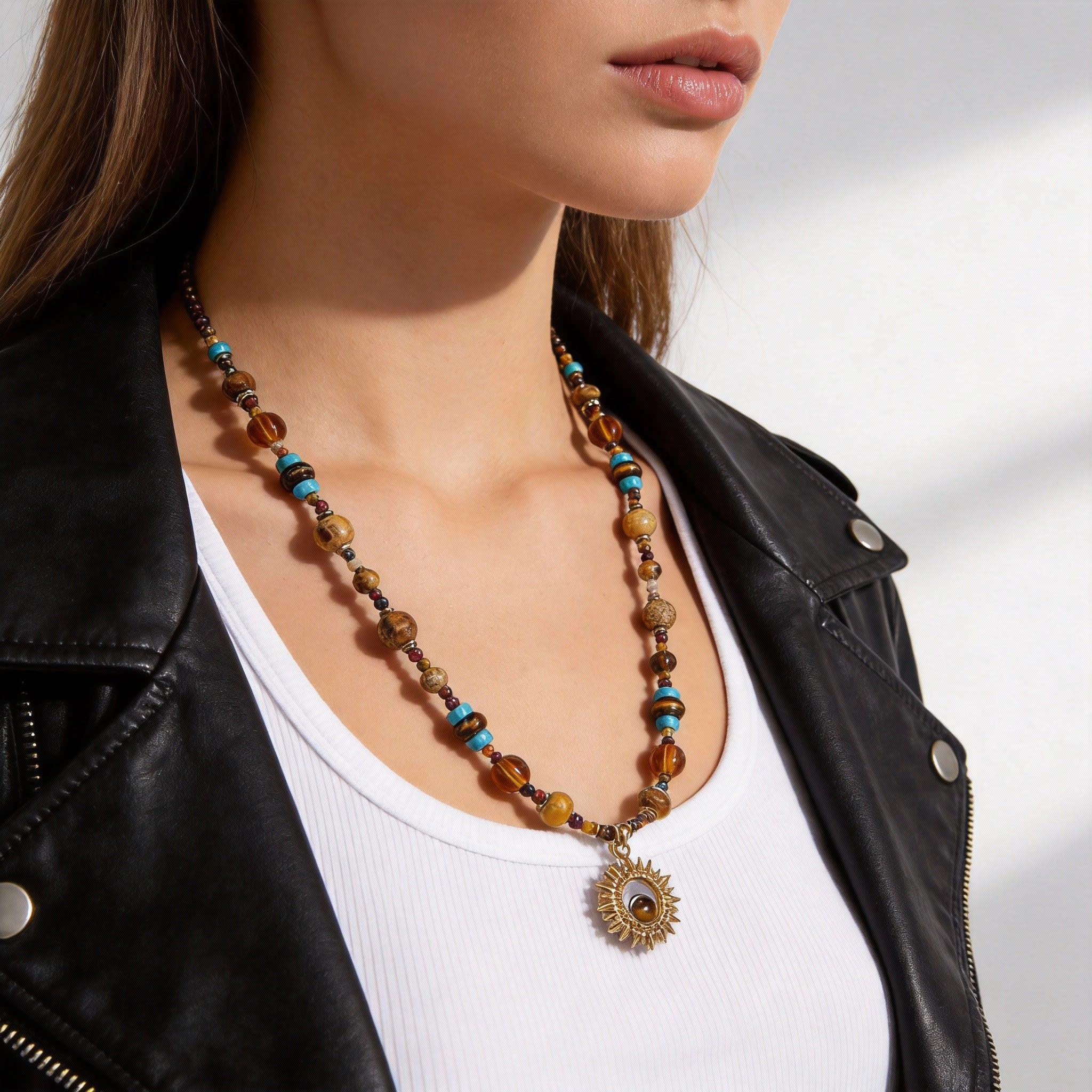 Boho Mixed Bead Sunburst Pendant Artisan Design Necklace