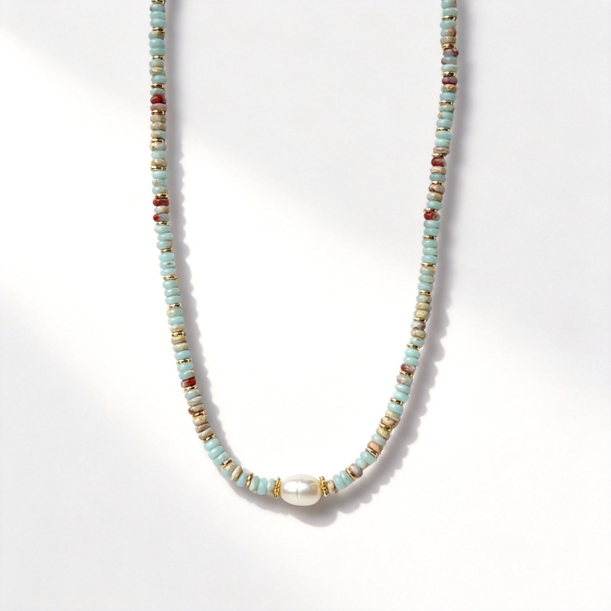 Beaded Layered Design Carved Pearl Centerpiece Necklace