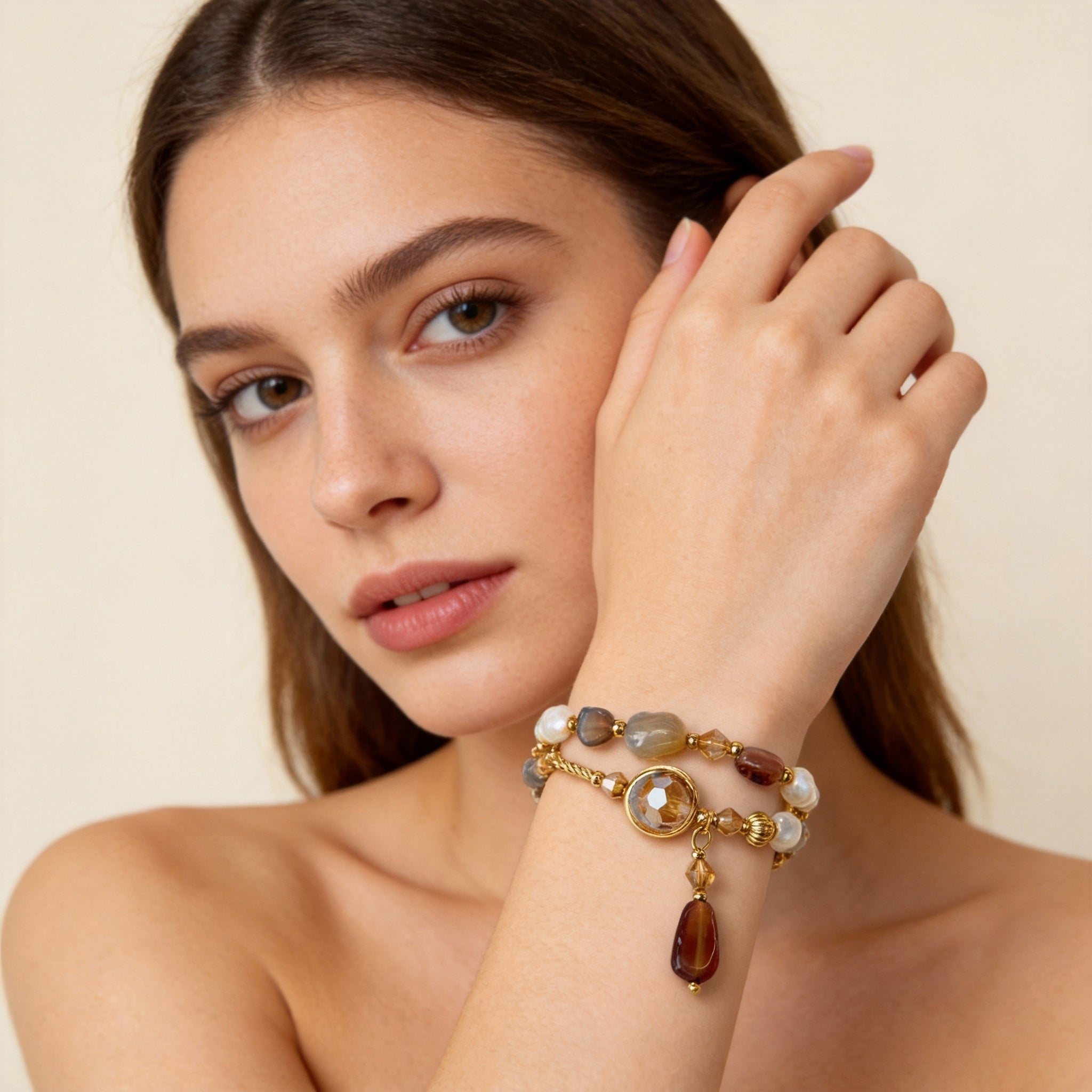 Pearl Agate Gold Beaded Wrap Design Handmade Bracelet