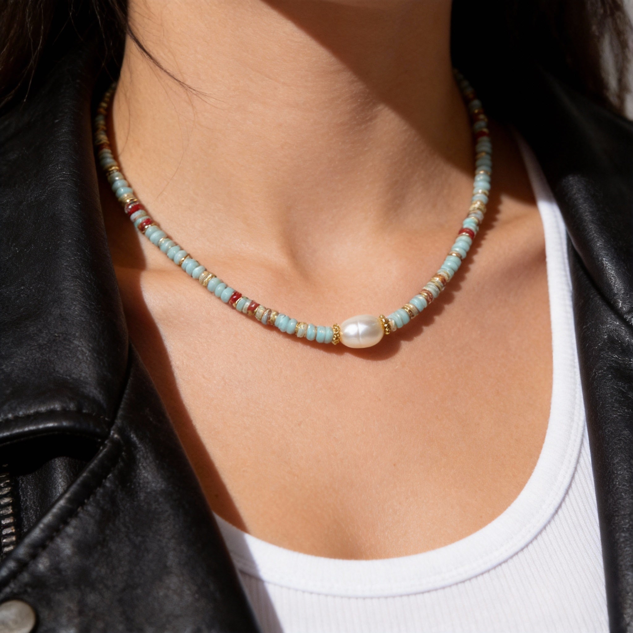 Beaded Layered Design Carved Pearl Centerpiece Necklace