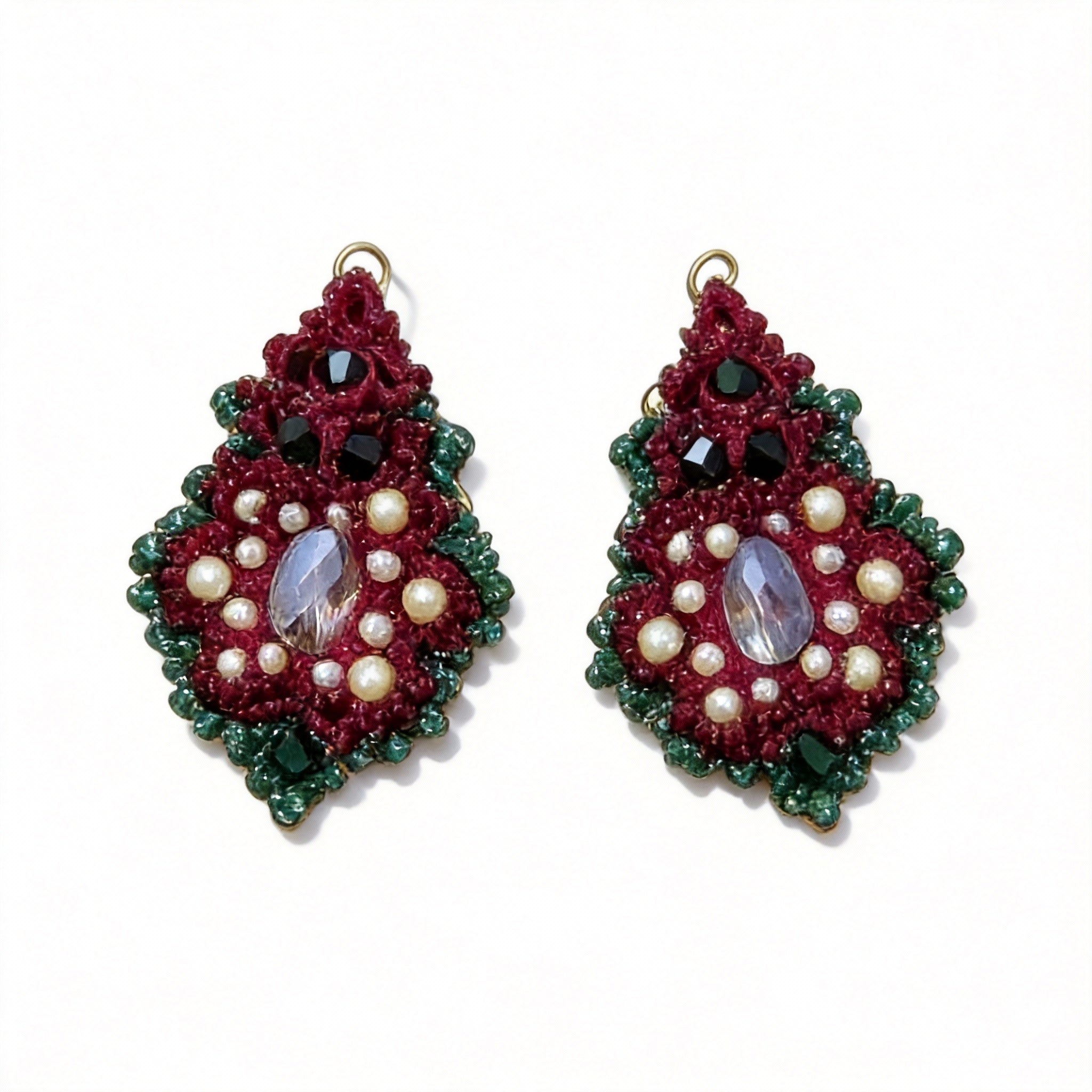 Christmas Tatting Lace Beaded Pearl Crystal Handmade Earrings