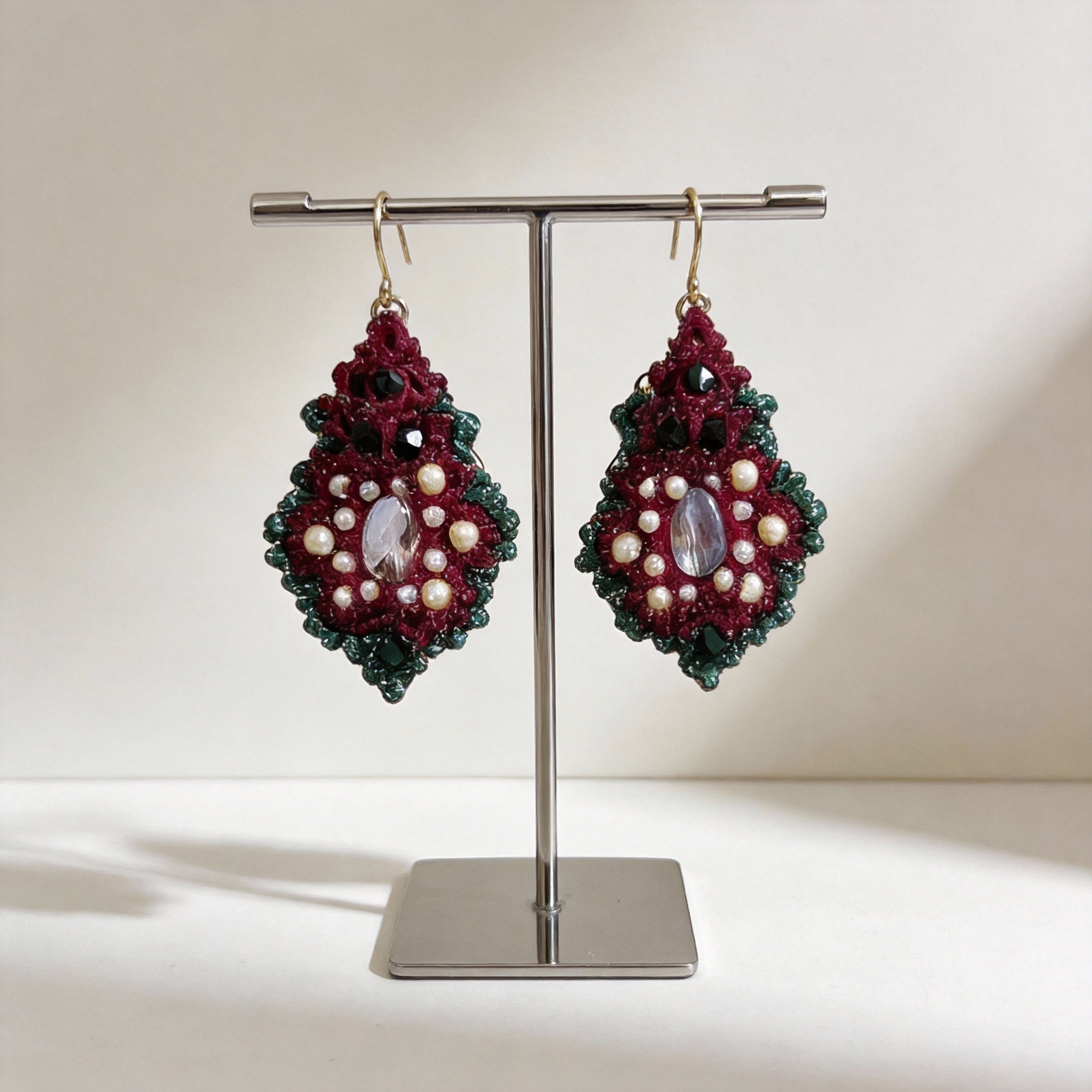 Christmas Tatting Lace Beaded Pearl Crystal Handmade Earrings