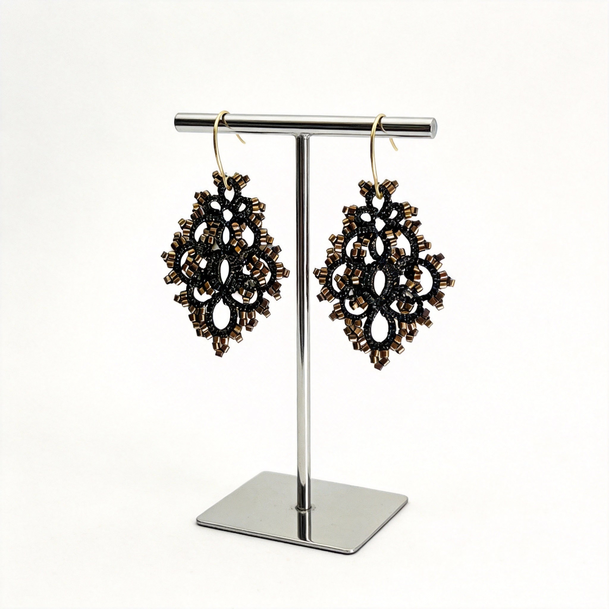 Handwoven Bronze Beaded Filigree Drop Earrings