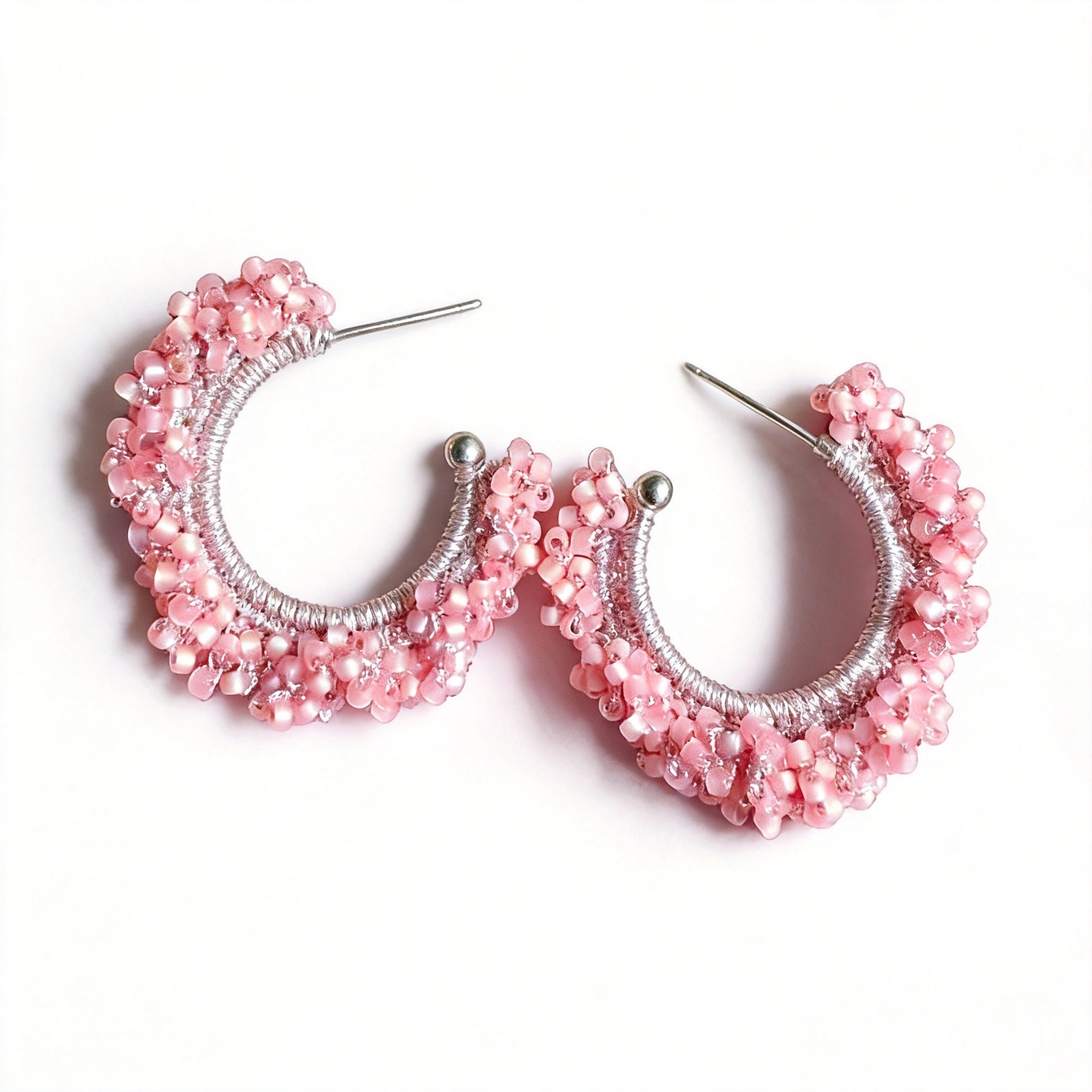 Pink Beaded Wire Wrapped Hoop Handmade Earrings