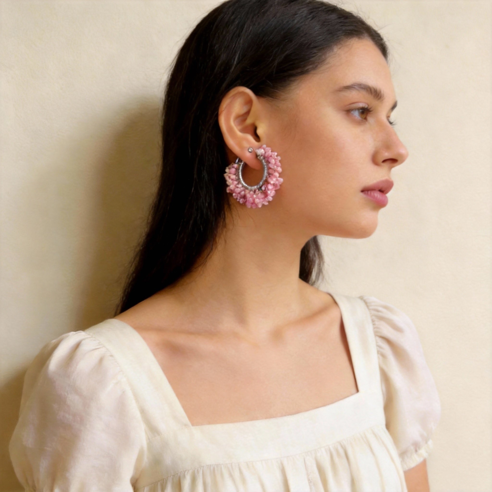Pink Beaded Wire Wrapped Hoop Handmade Earrings