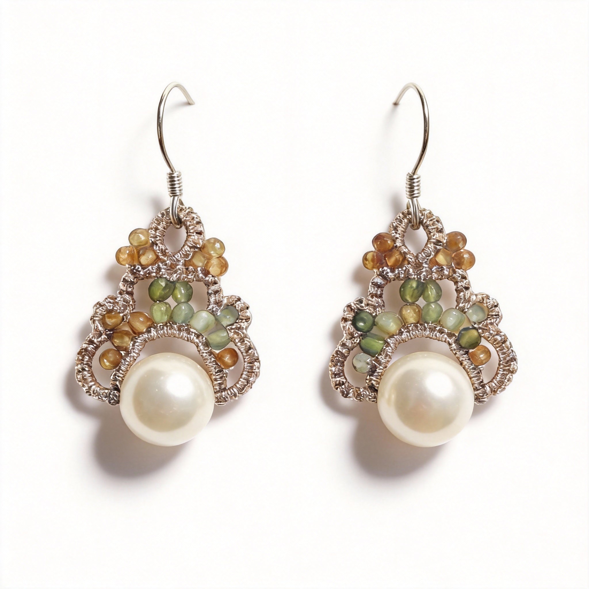 Handmade Lace Tatting Pearl Beaded Pastel Crystal Vintage Earrings