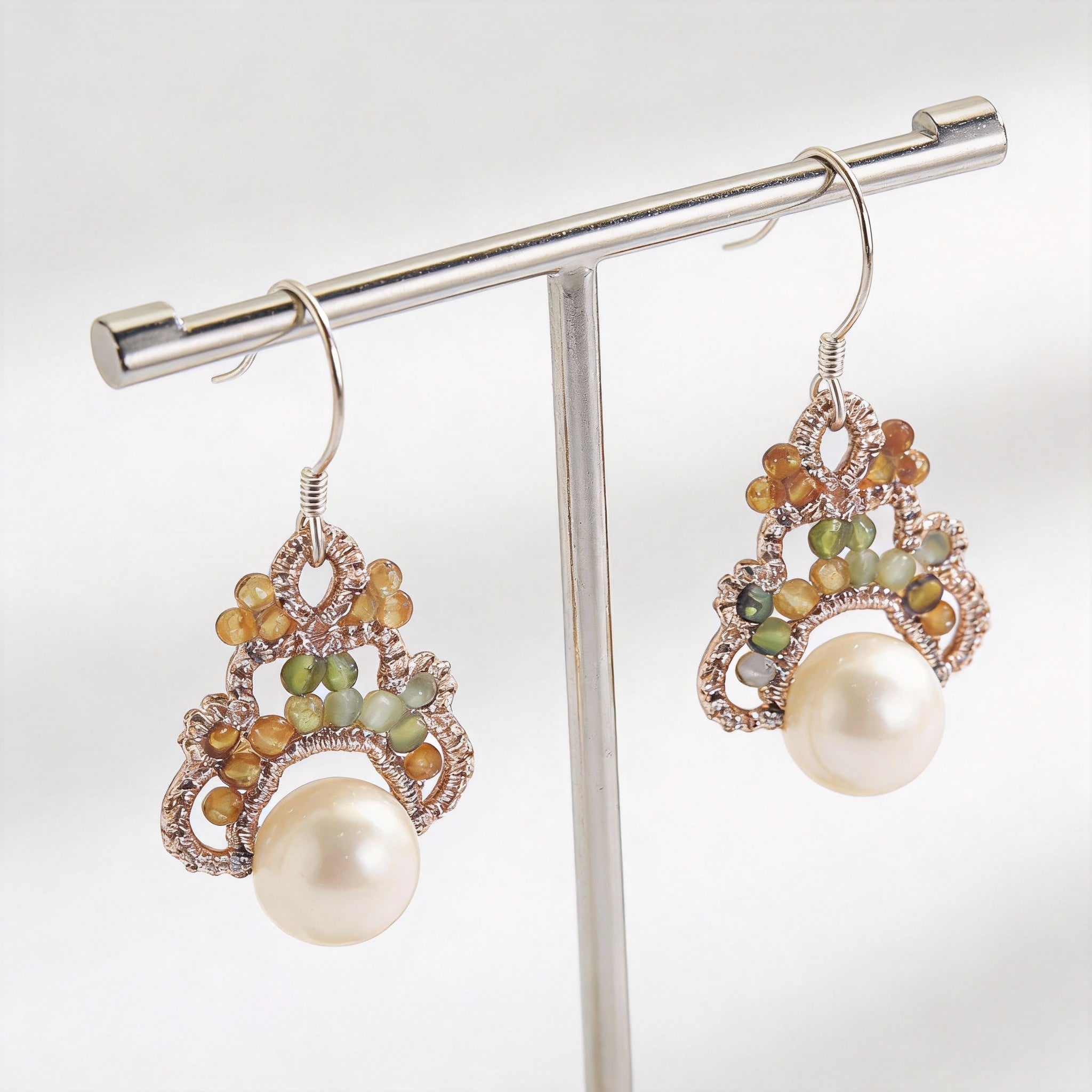 Handmade Lace Tatting Pearl Beaded Pastel Crystal Vintage Earrings
