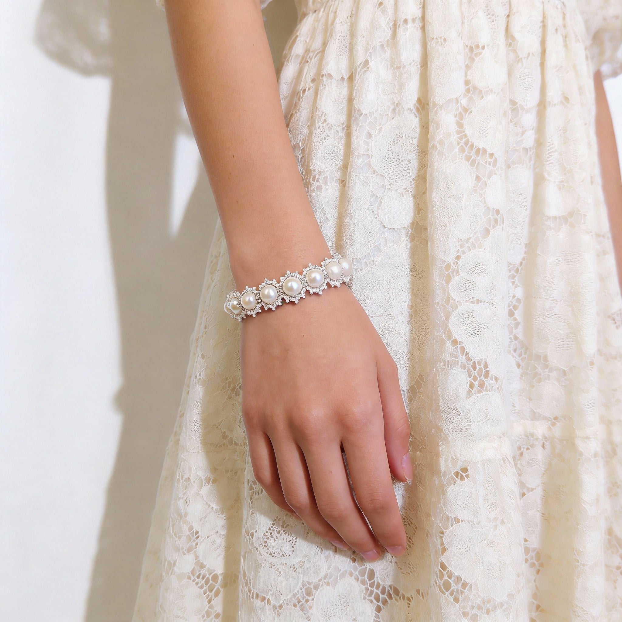 Handwoven Floral Pearl Braided Lace Thread Bracelet