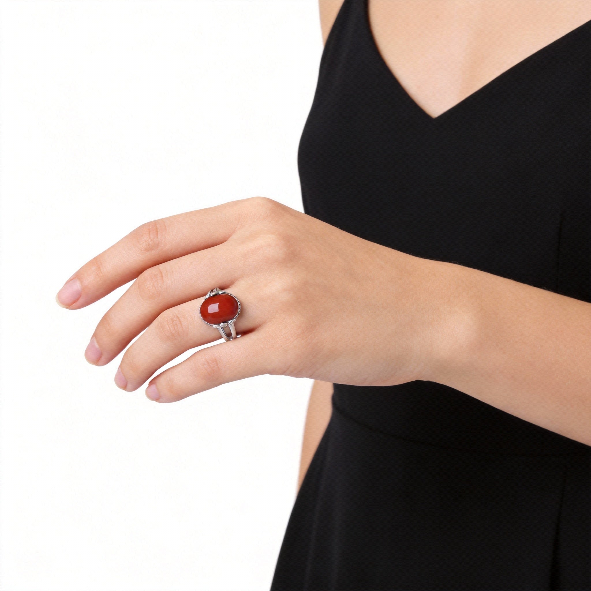 Hetian Jade Red Agate Silver Protection Ring
