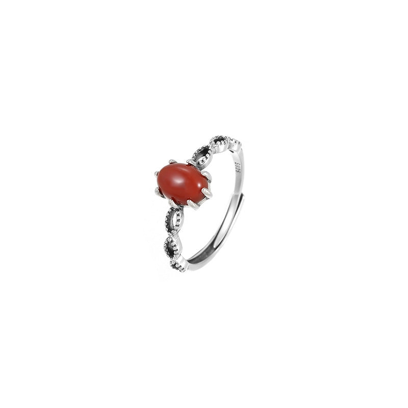 Red Agate Hetian Jade Silver Protection Ring