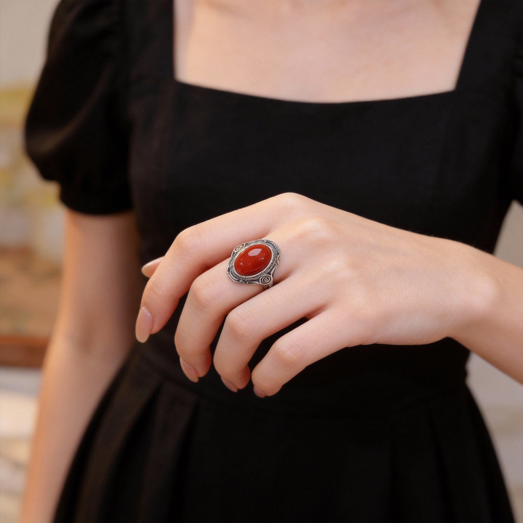 Red Agate Silver Cloud Healing Ring