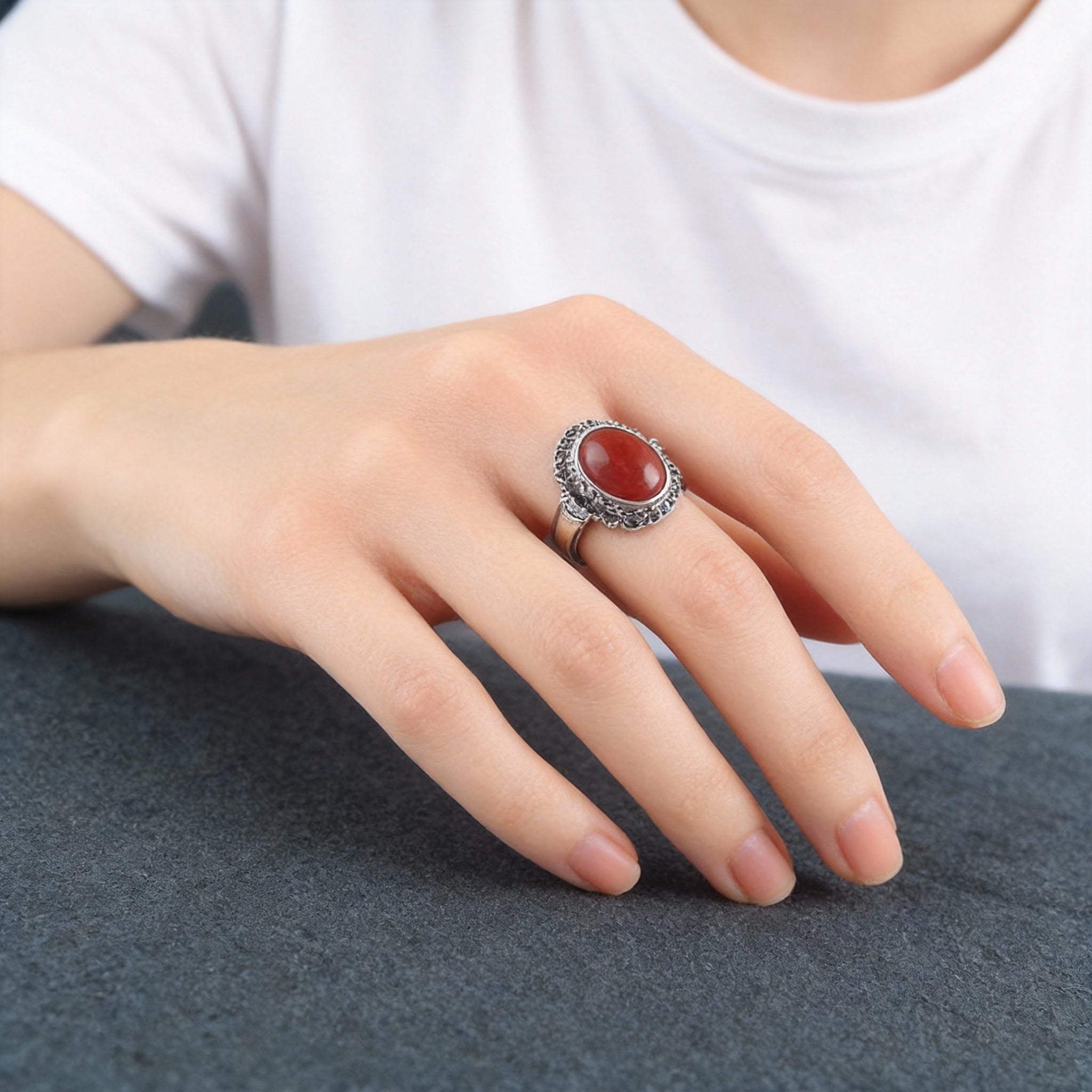 Red Agate Vintage Silver Adjustable Ring