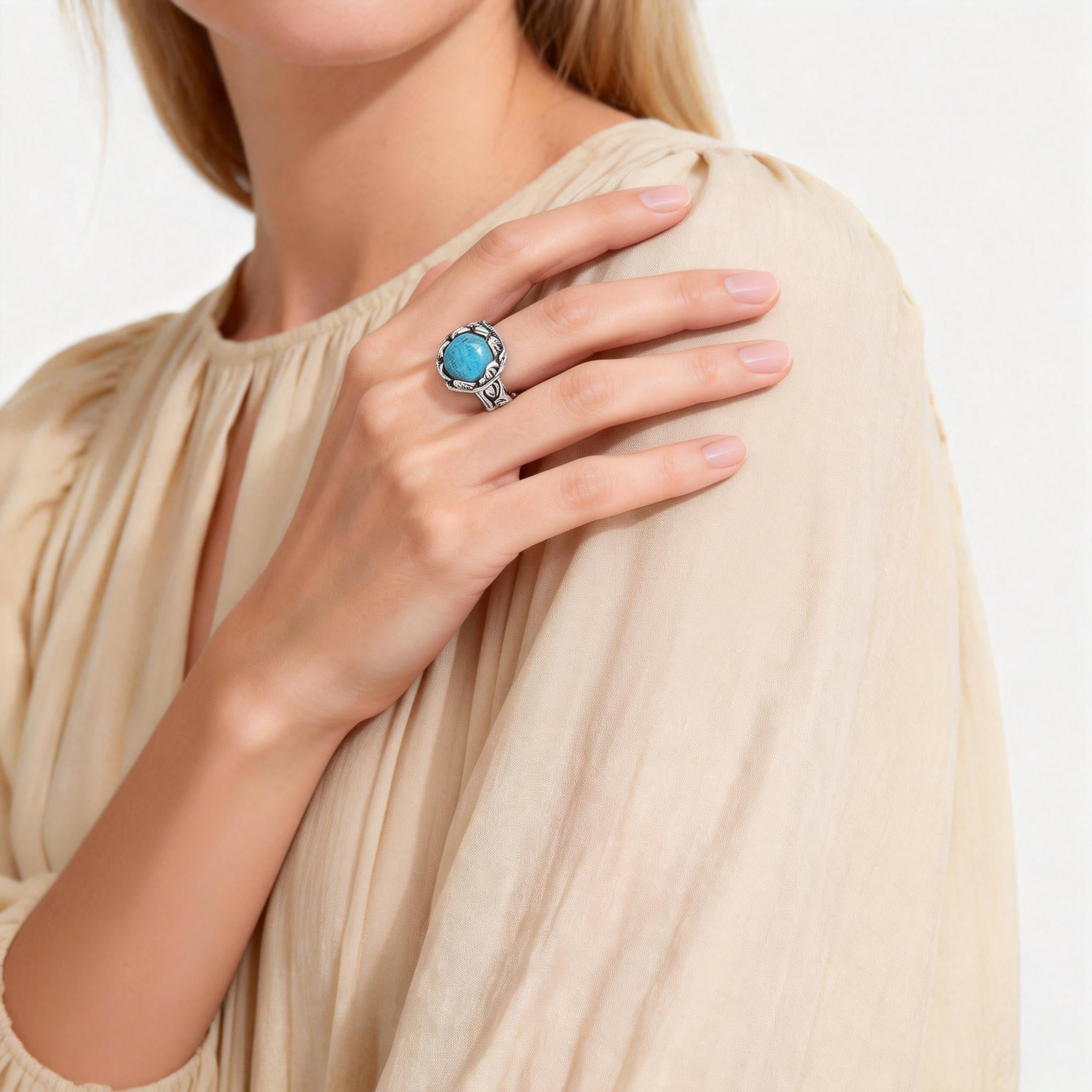 Jade Agate Turquoise Silver Protection Ring